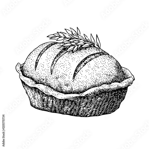 Freshly baked artisan bread with a golden crust placed in a rustic basket adorned with green herbs. Generative AI