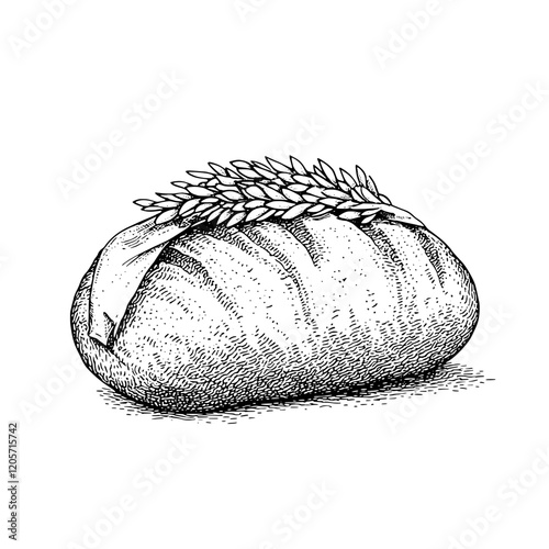 Freshly baked loaf of bread topped with sprigs of green herbs on a plain background. Generative AI