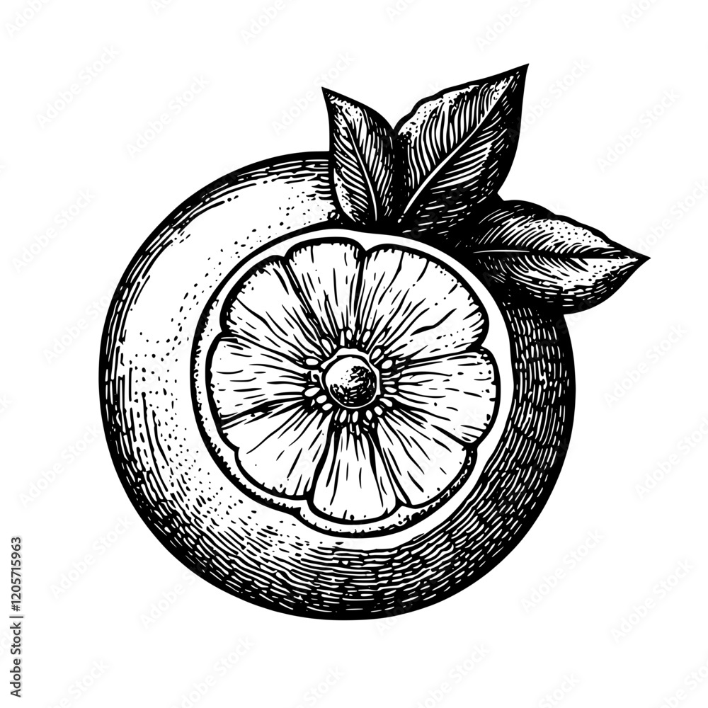 Obraz premium Detailed illustration of a sliced orange with leaves showing its texture and inner structure. Generative AI
