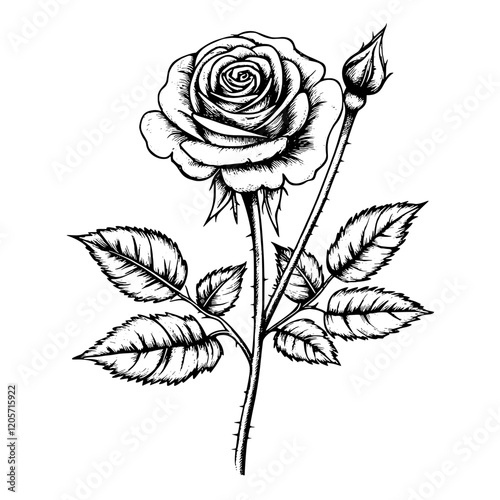 Elegant black and white sketch of a rose with detailed petals and leaves, capturing the beauty of nature in simple lines. Generative AI