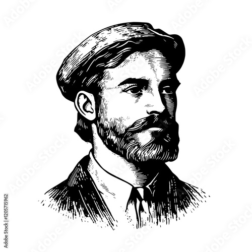 Portrait of a man with a beard and cap set against a simple background, representing early 20th-century styles. Generative AI