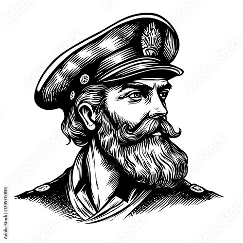 Vintage sketch of a naval officer in a detailed uniform with a prominent beard and cap. Generative AI