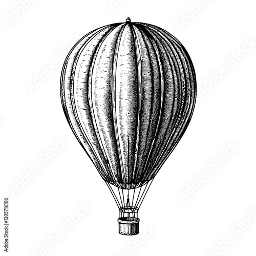 Vintage hot air balloon soaring above the landscape at dusk with intricate details and a classic design. Generative AI