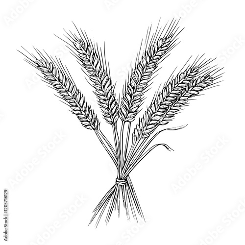 Wheat sheaves tied together, showcasing rich textures and details, symbolizing agricultural abundance and harvest time. Generative AI