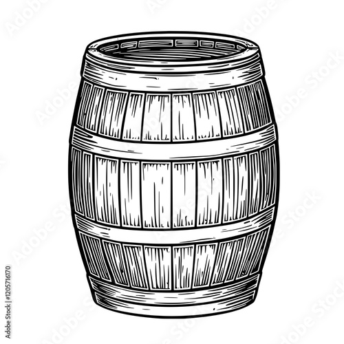 Wooden barrel used for aging beverages showcased in a rustic style for a traditional aesthetic. Generative AI