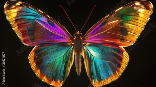 A vibrant butterfly with intricately detailed wings featuring a spectrum of colors including re photo