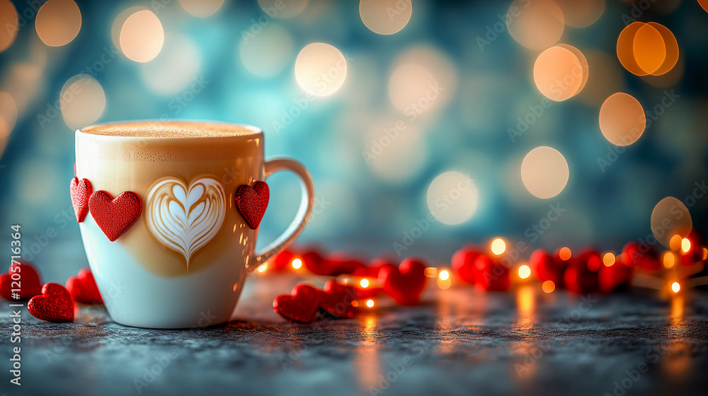 Fototapeta premium Coffee with heart-shaped decorations on a table surrounded by red hearts and soft lighting in the evening