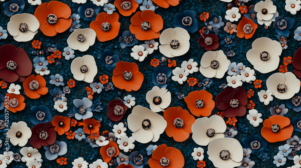 Seamless Vibrant Floral Pattern with Orange, White, and Blue Flowers on a Dark Background - Perfect for Textiles and Home Decor Designs. Seamless Vibrant Floral Pattern with Orange, White, and Blue Flowers on a Dark Background - Perfect for Textiles and Home Decor Designs.