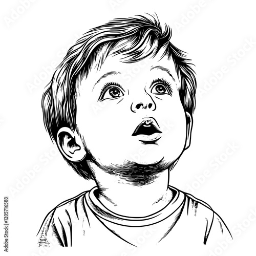 Curious toddler gazes upward, filled with wonder and amazement during a sunny afternoon. Generative AI