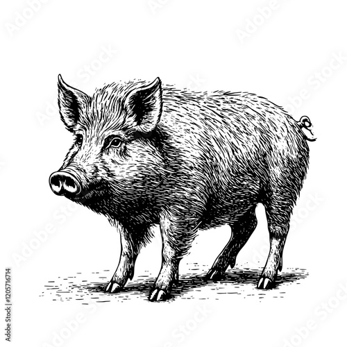 Detailed sketch of a wild boar walking through a forest landscape at dusk, showcasing its natural features and fur texture. Generative AI