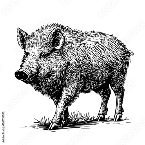 Wild boar walks through grassy terrain in a wooded area during daylight hours in a natural habitat setting. Generative AI