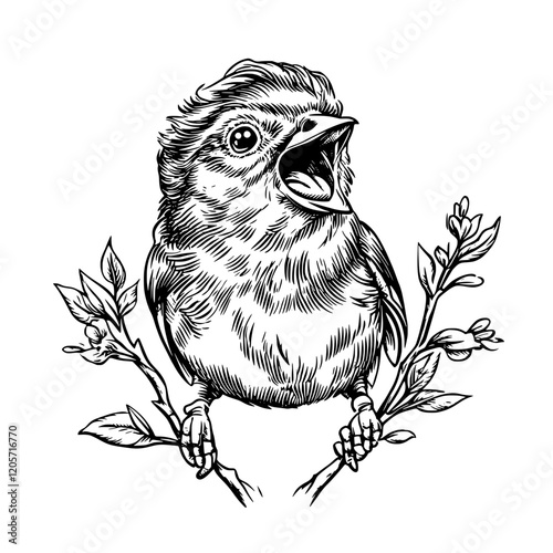 Bird perched on branches singing joyfully among blooming flowers during springtime. Generative AI