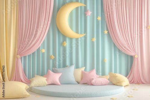 Whimsical moon and star playroom decor soft pastel colors interior design cozy atmosphere child-friendly concept