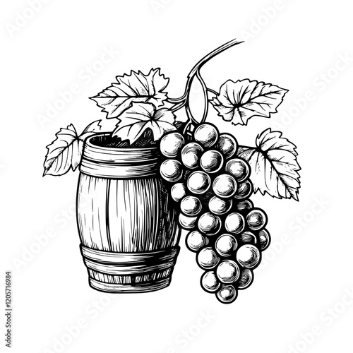 Grapes hanging beside a wooden barrel with vine leaves in a vintage illustration style for a rustic ambiance. Generative AI