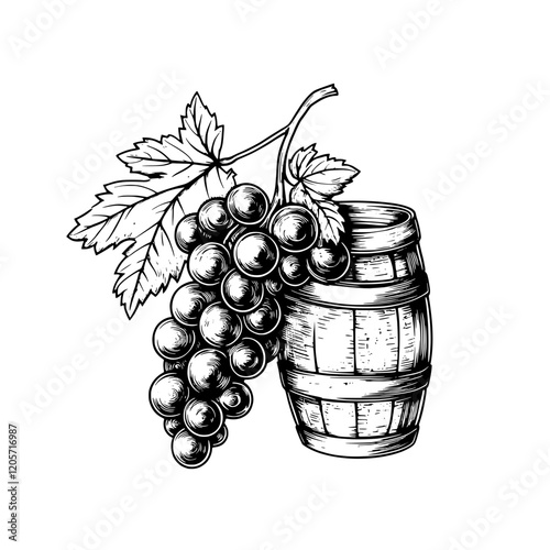 Grapes hanging over a wooden barrel representing traditional winemaking in a rustic setting. Generative AI