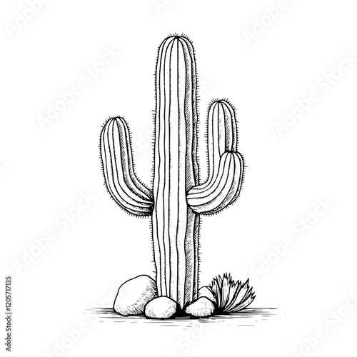 Tall saguaro cactus with rocks and vegetation in a desert landscape during daylight. Generative AI