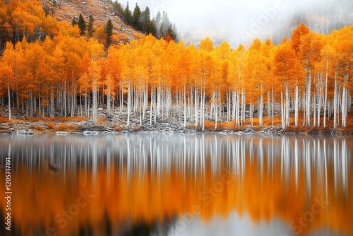 A tranquil autumn scene in Yellowstone, with golden aspen trees and a winding stream reflecting the fall colors