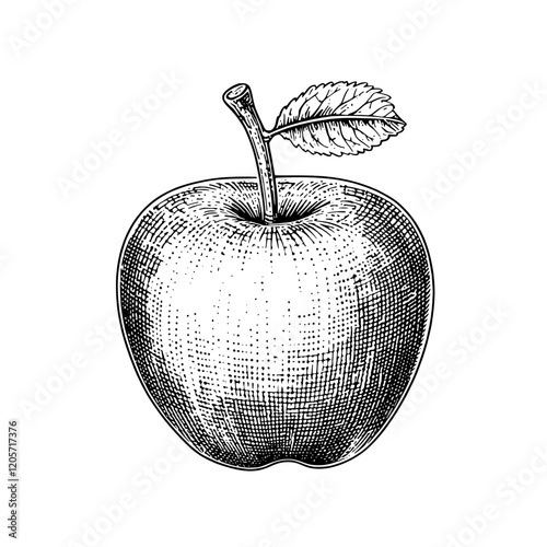 Drawing of a detailed apple with a leaf resting on it, showcasing fine lines and shading techniques used in illustration. Generative AI