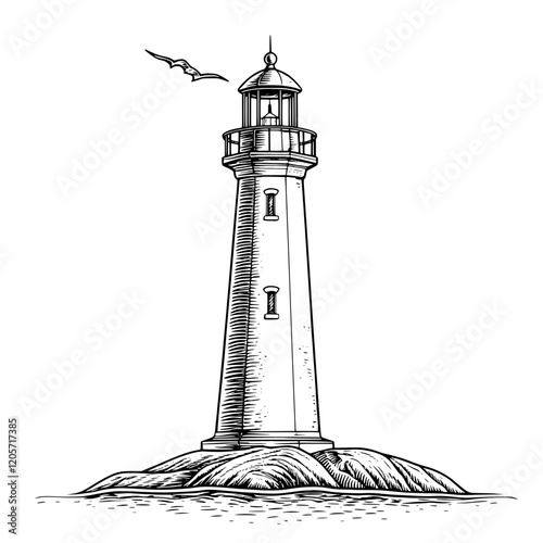 Symbol of guidance and safety stands tall against the sea with a gull soaring nearby. Generative AI