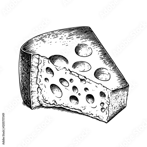 Delicious cheese wedge with holes placed on a simple white background showcasing its texture and shape. Generative AI