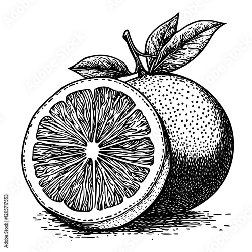 Illustrative depiction of a sliced orange and whole orange with leaves showcasing texture and details of the fruit. Generative AI