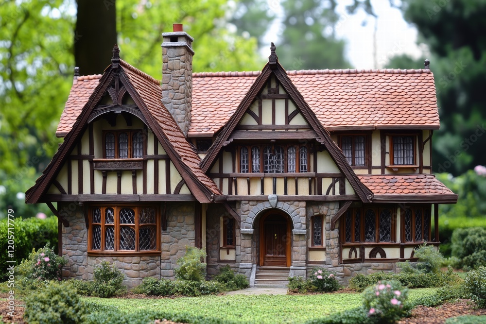 A Tudor house style detailed model of a traditional English cottage with a stone chimney, wooden beams, and a red-tiled roof, surrounded by greenery and flowers. A Tudor house style detailed model of a traditional English cottage with a stone chimney, wooden beams, and a red-tiled roof, surrounded by greenery and flowers.