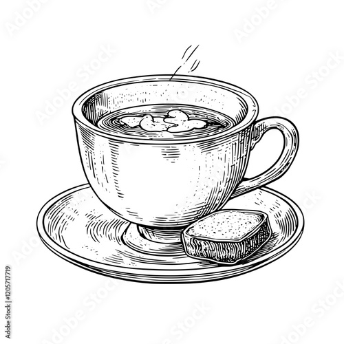 Delicious coffee served in a vintage cup with sugar cube on a saucer ready for enjoyment. Generative AI