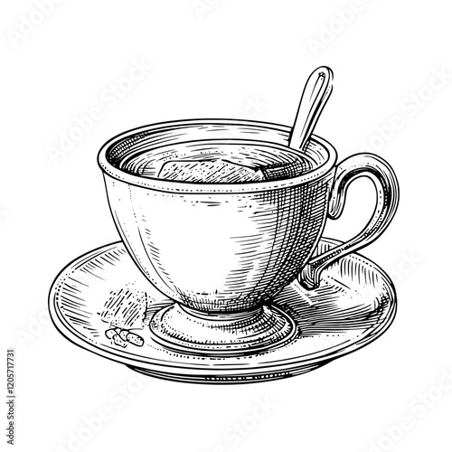 Classic teacup with saucer and spoon on a white background during a serene afternoon tea time. Generative AI