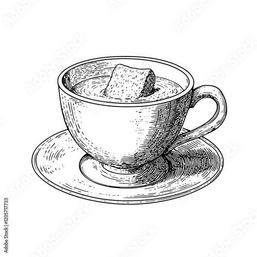 Detailed sketch of a cup with a sugar cube resting on the surface of water in a simple saucer. Generative AI