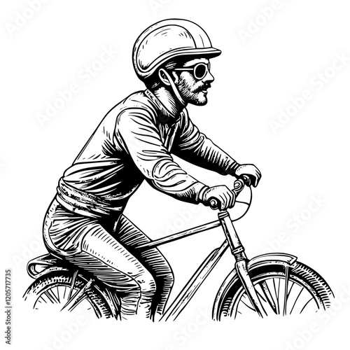 Cyclist riding a vintage bicycle wearing sunglasses and a helmet in a stylish sketch. Generative AI