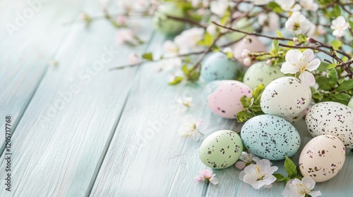 Pastel Easter eggs and blooming cherry blossoms on light blue wooden surface creating a soft spring themed setting photo