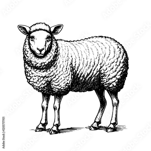 Illustration of a detailed sheep standing on a flat surface, showcasing its wool and stance in a natural pose. Generative AI