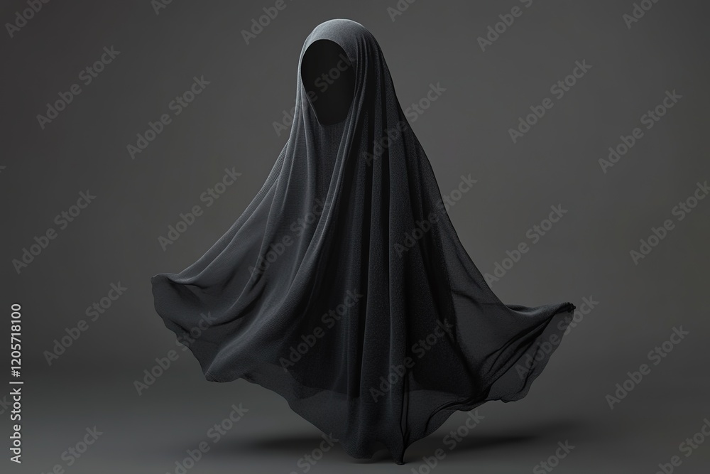 Mysterious Black Fabric Drape, Floating in Mid-Air Mysterious Black Fabric Drape, Floating in Mid-Air