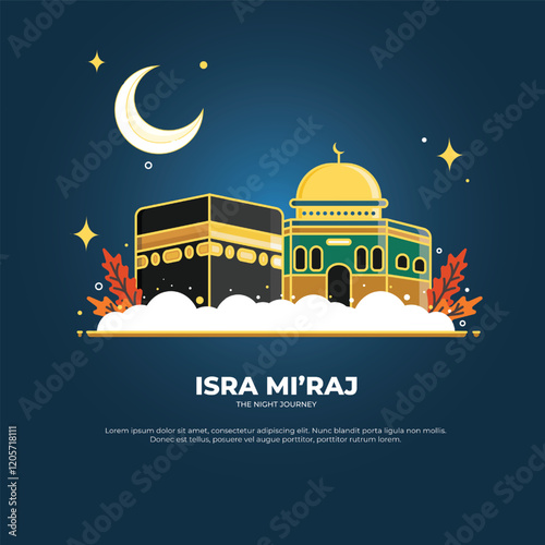 isra miraj vector greeting. kaaba and al aqsa mosque concept. vector illustration. can be used for social media, greeting cards, and backgrounds