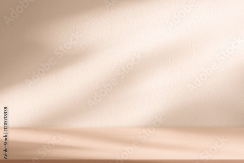 Brown background,Studio wall with shadow on podium for product display,Empty interior kitchen room with light on 3d beige floor,Backdrop background mockup scene blur sunlight gradient on cream colour