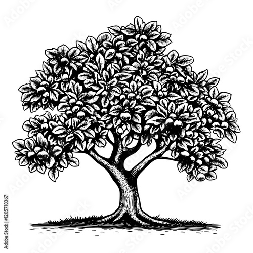 Detailed black and white illustration of a mature tree showcasing intricate leaves and sturdy trunk in natural setting. Generative AI