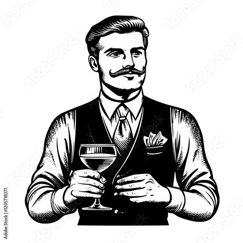 Stylish bartender serving a classic cocktail at a vintage-themed gathering in a lively bar setting. Generative AI