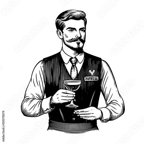 Bartender serving a cocktail with elegance and charm in a classic bar setting at night. Generative AI