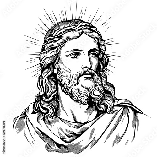 Portrait of a serene figure with long hair and beard, adorned with a radiant aura, representing a biblical character. Generative AI