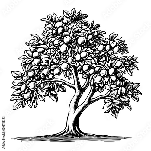 Depiction of a fruit-bearing orange tree in a detailed black and white illustration. Generative AI