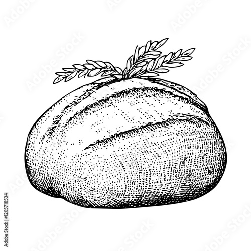 Freshly baked bread loaf with a sprig of herbs resting on top in a rustic kitchen setting. Generative AI