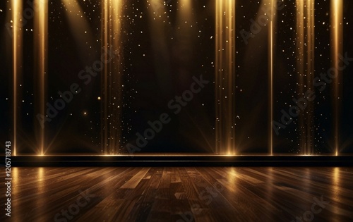 Elegant golden stage vertical glowing with lighting effect sparkle on black background. Template premium award design.