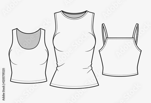 Technical Drawing Fashion Crop Top Flat Sketch Women CAD Mockup Sleeveless Strappy Backless Crew Neck Round Neck Template
