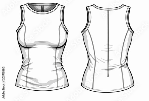Round Neck Sleeveless Strappy Backless Crop Top Technical Drawing Fashion Flat Sketch CAD Mockup Women Design Template
