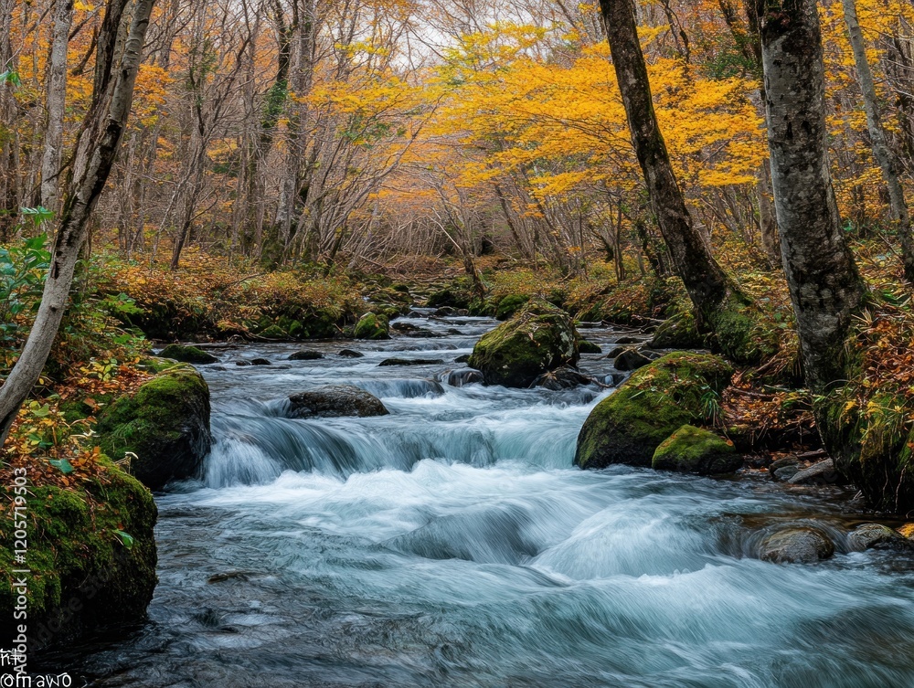A Serene Autumn River Flowing Through a Forest with Vibrant Yellow and Orange Leaves