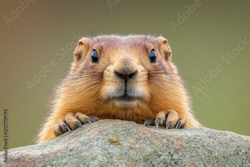 A yellow-bellied marmot peeking out from behind a rock in Yellowstone mountainous terrain photo