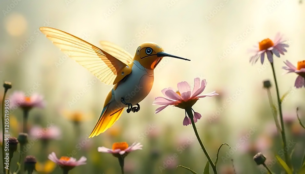 Fototapeta premium Robotic Hummingbird Soaring Above Summer Flowers