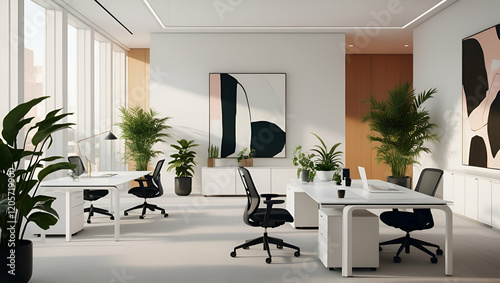 Modern White Office Interior Design with Plants and Abstract Art, spacious and minimalistic workspace with sleek white desks and ergonomic chairs