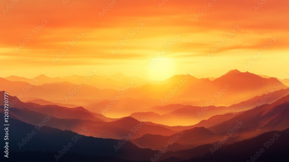 Obraz premium Vibrant sunrise with layered mountains and a fiery orange gradient creating a serene landscape
