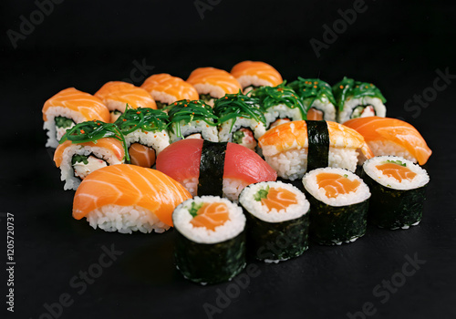 Assorted sushi rolls, dark background, restaurant menu, food photography